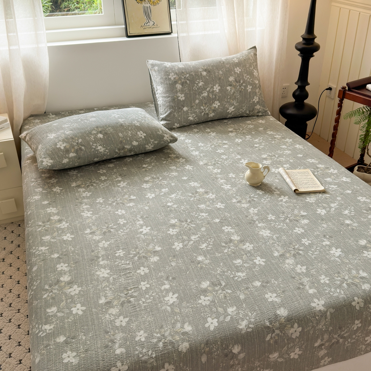 91家纺网 家纺一手货源 找家纺 一霖家纺 2025新款仿麻皱皱纱单床笠 幽兰拂晓