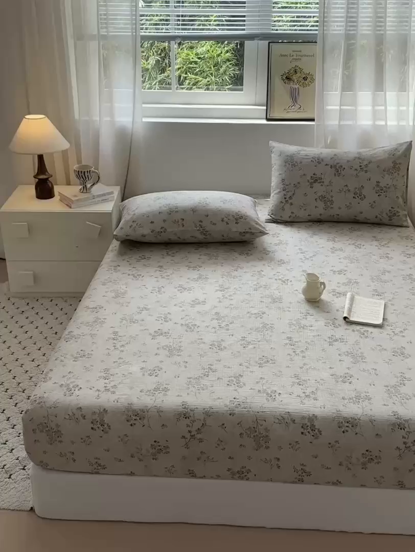 91家纺网 家纺一手货源 找家纺 一霖家纺 2025新款仿麻皱皱纱单床笠 幽兰拂晓