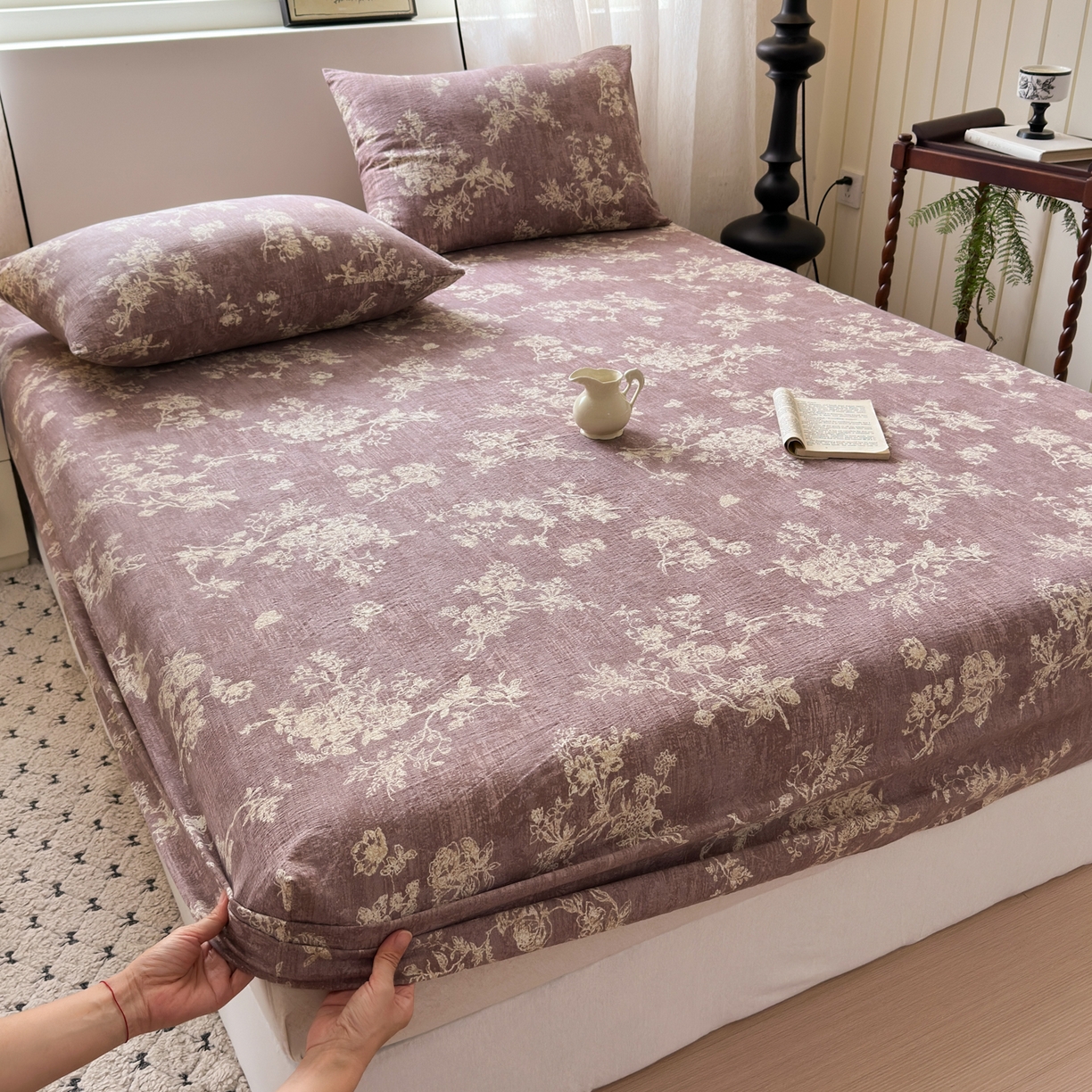 一霖家纺 2025新款仿麻皱皱纱单床笠 月华绣影