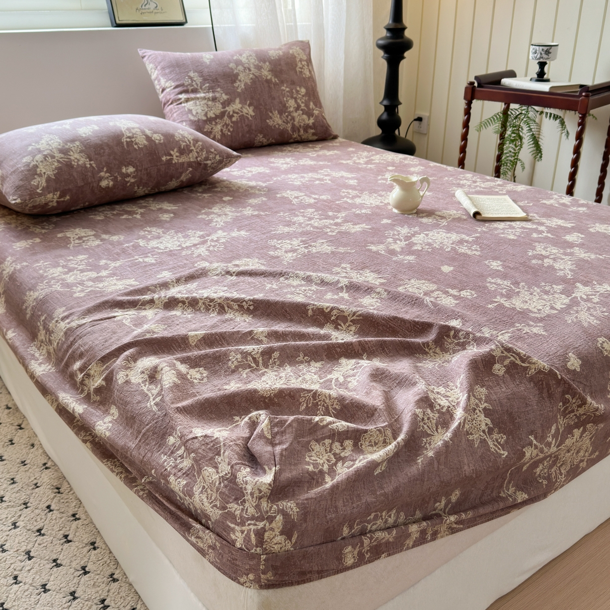 91家纺网 家纺一手货源 找家纺 一霖家纺 2025新款仿麻皱皱纱单床笠 月华绣影