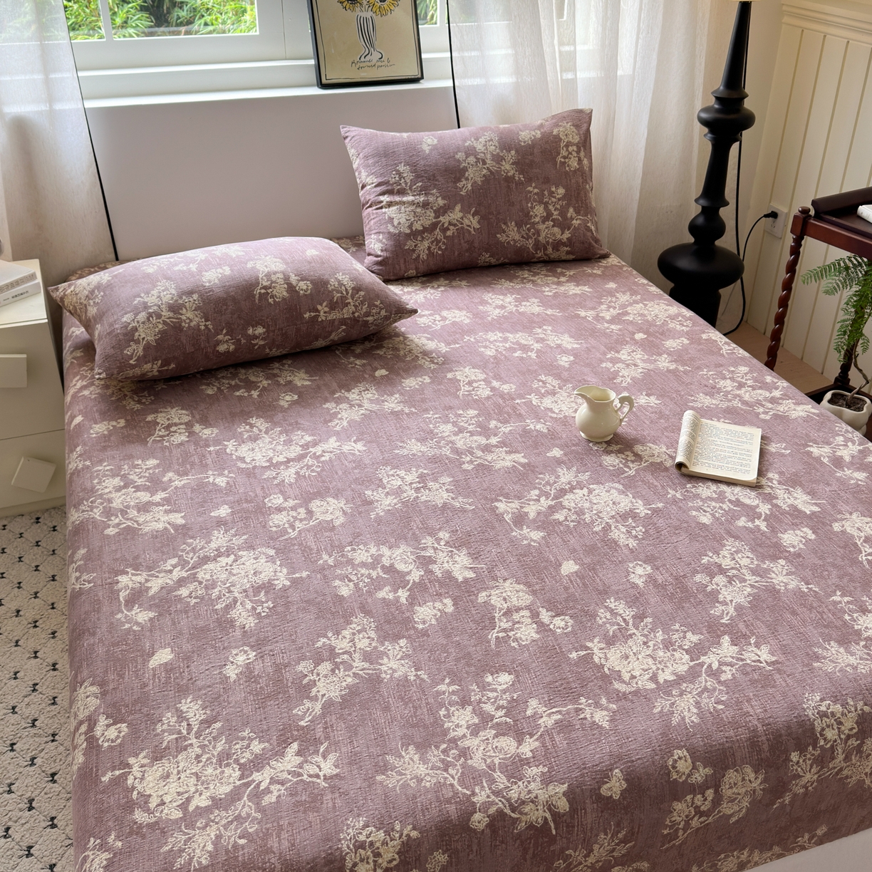 91家纺网 家纺一手货源 找家纺 一霖家纺 2025新款仿麻皱皱纱单床笠 月华绣影