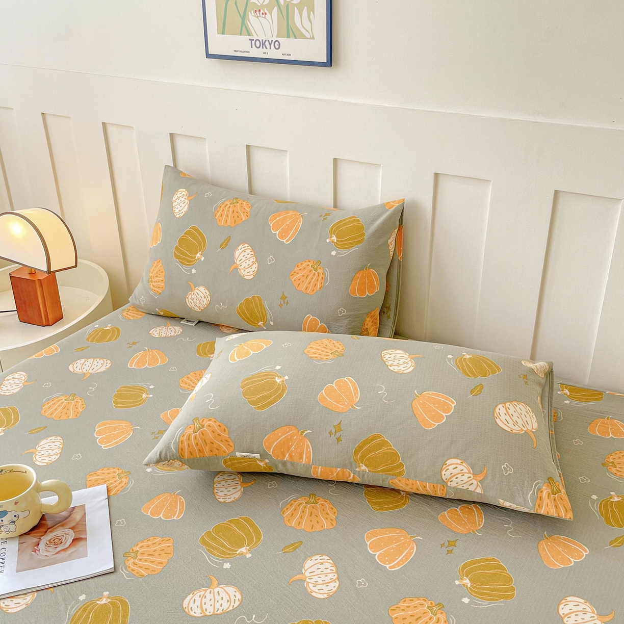 91家纺网 家纺一手货源 找家纺 棉乐町家居 2025新款木棉双层纱印花床笠 福瓜