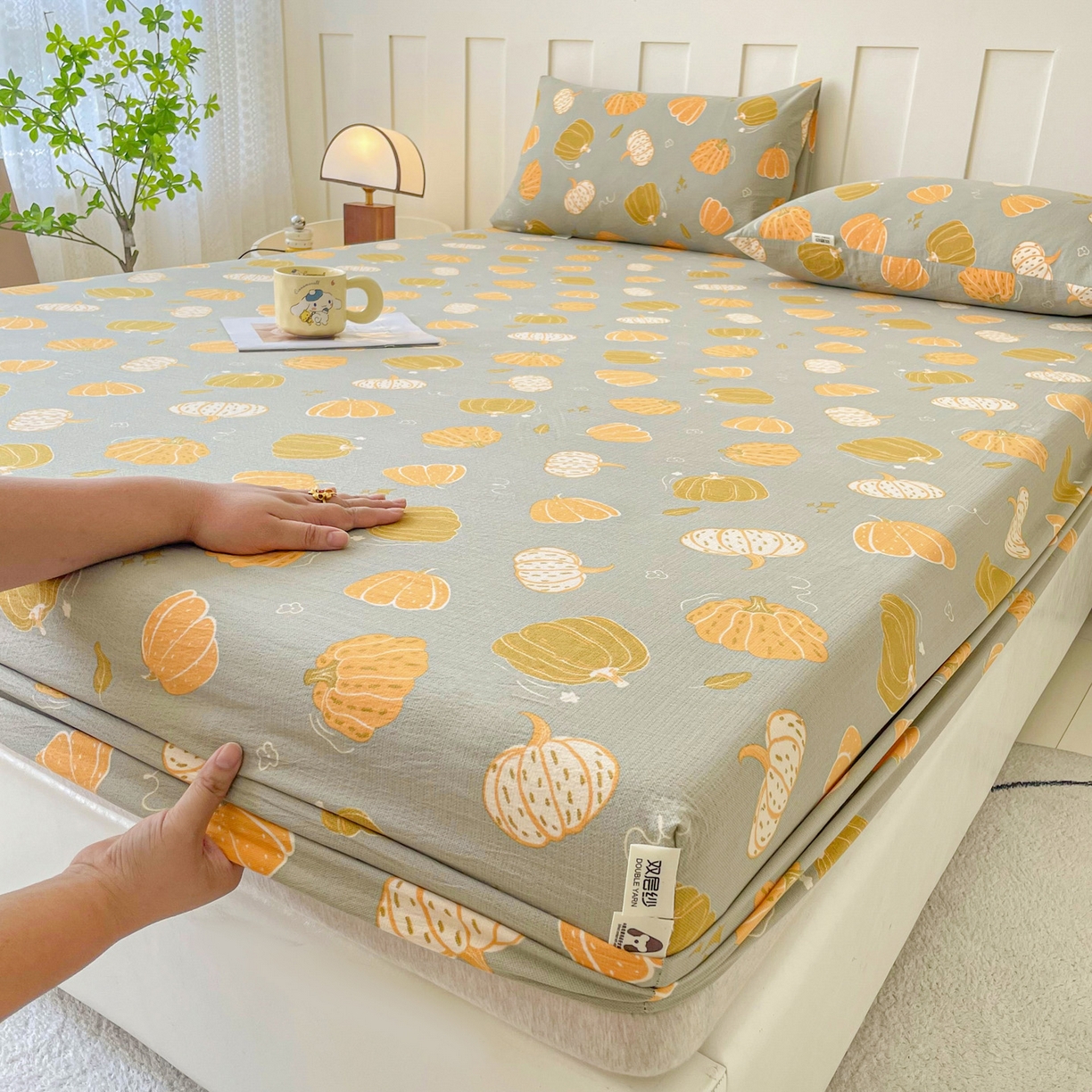 91家纺网 家纺一手货源 找家纺 棉乐町家居 2025新款木棉双层纱印花床笠 福瓜