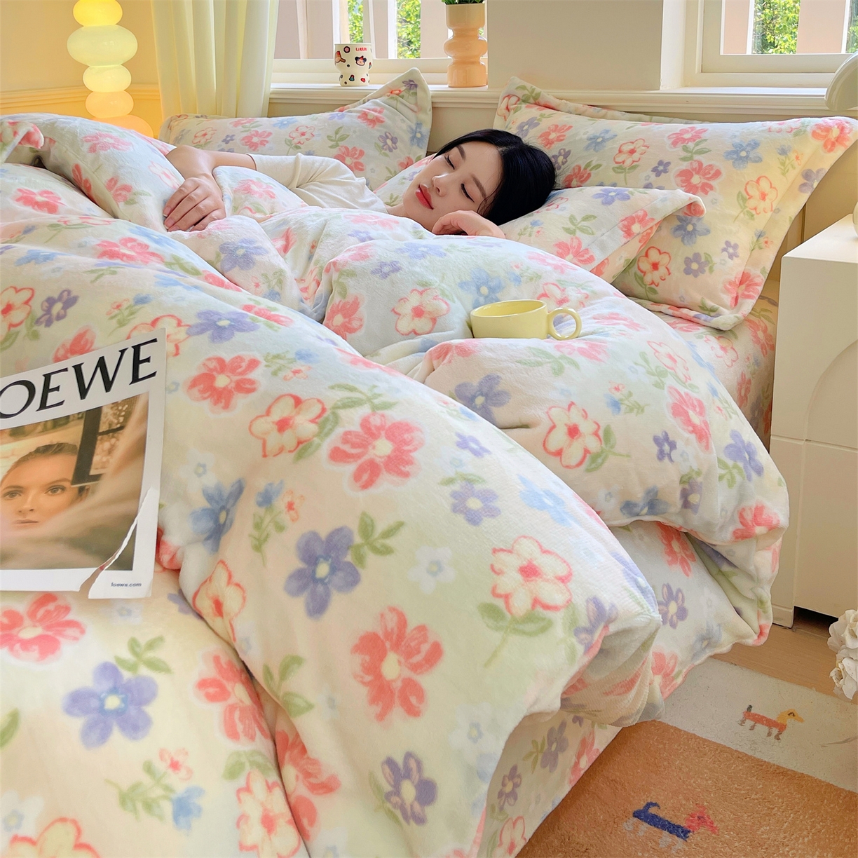 91家纺网 家纺一手货源 找家纺 凯儿2025加厚A类印花牛奶绒单品四件套 花在云端