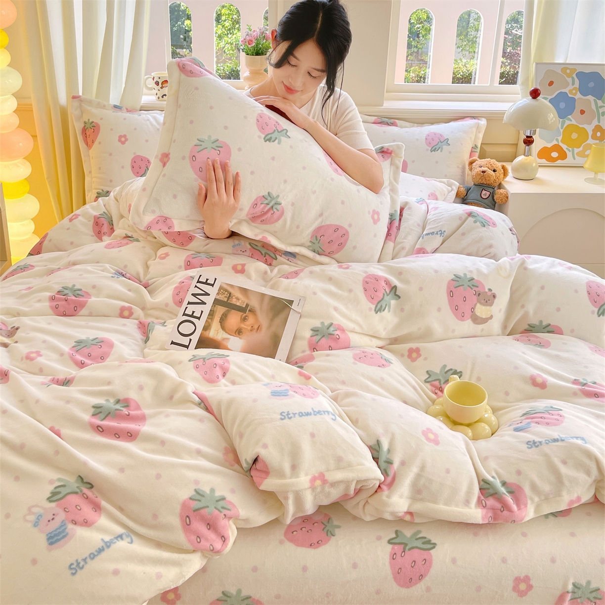 凯儿2025加厚A类印花牛奶绒单品四件套 奶油草莓