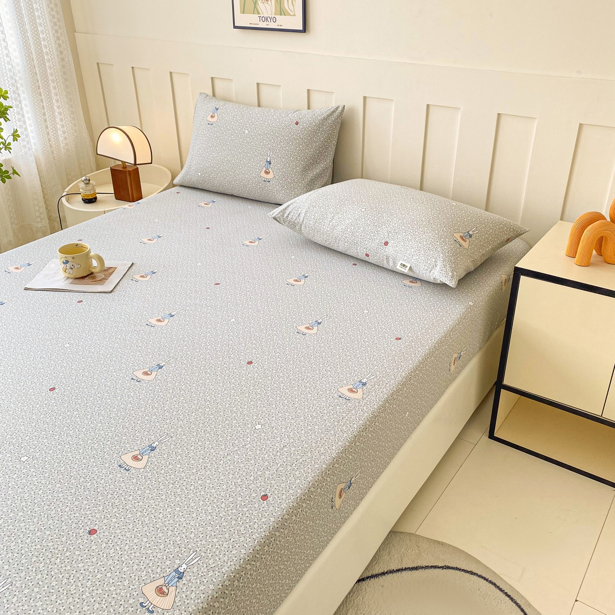 91家纺网 家纺一手货源 找家纺 棉乐町家居 2025新款木棉双层纱印花床笠 兔斯基