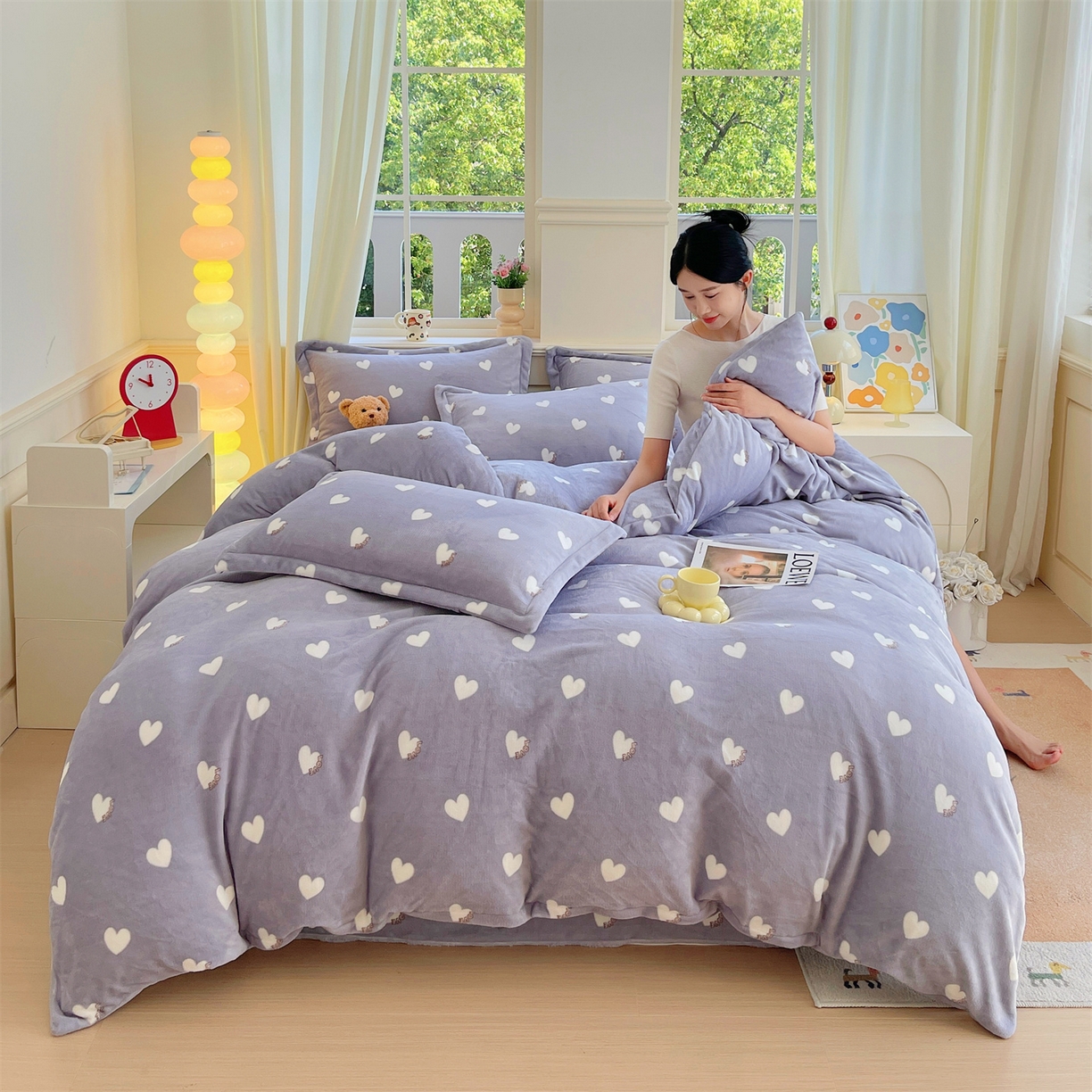 91家纺网 家纺一手货源 找家纺 凯儿2025加厚A类印花牛奶绒单品四件套 心心相印-灰