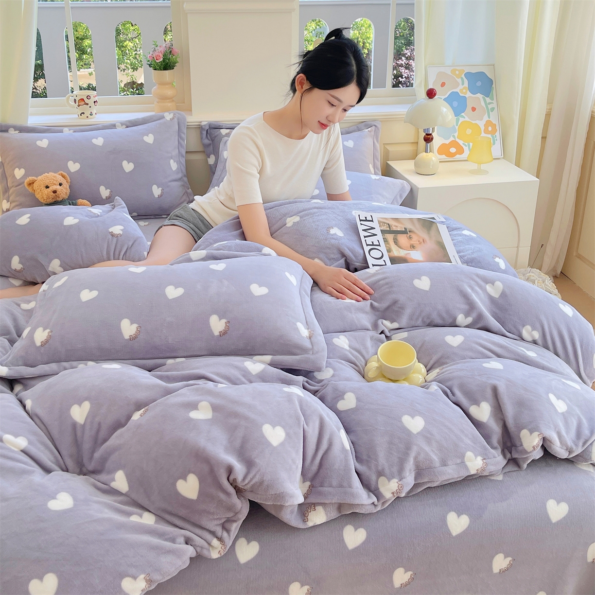 凯儿2025加厚A类印花牛奶绒单品四件套 心心相印-灰