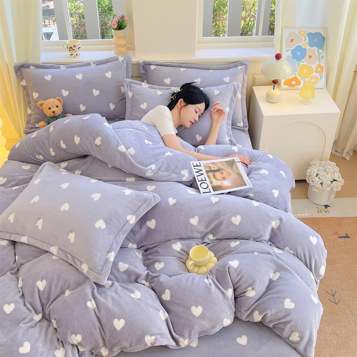91家纺网 家纺一手货源 找家纺 凯儿2025加厚A类印花牛奶绒单品四件套 心心相印-灰