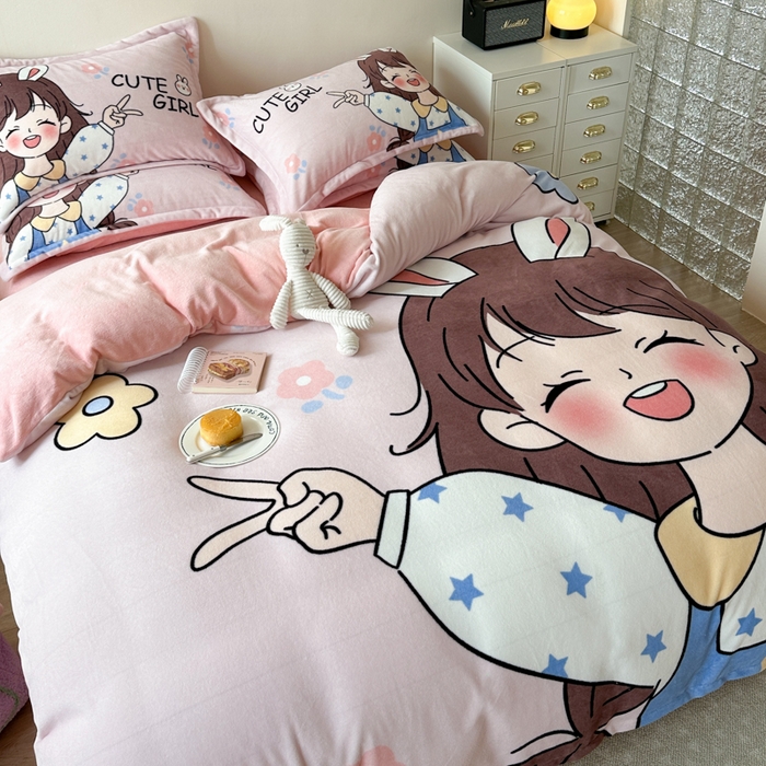 91家纺网 家纺一手货源 找家纺 赛丽雅 2025年新款秋冬卡通大版牛奶绒四件套 元气满满