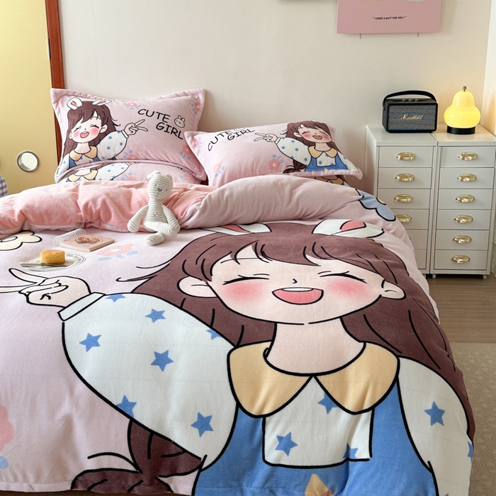 91家纺网 家纺一手货源 找家纺 赛丽雅 2025年新款秋冬卡通大版牛奶绒四件套 元气满满