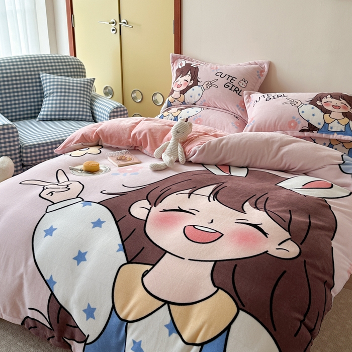 91家纺网 家纺一手货源 找家纺 赛丽雅 2025年新款秋冬卡通大版牛奶绒四件套 元气满满