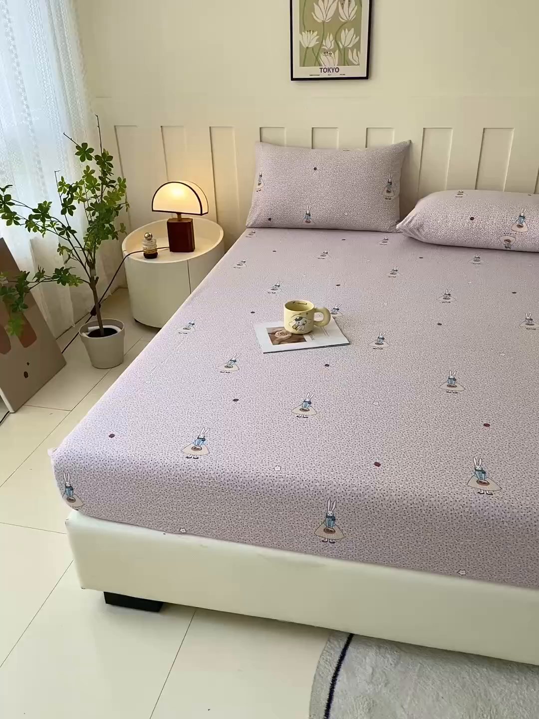 91家纺网 家纺一手货源 找家纺 棉乐町家居 2025新款木棉双层纱印花床笠 兔斯基-粉