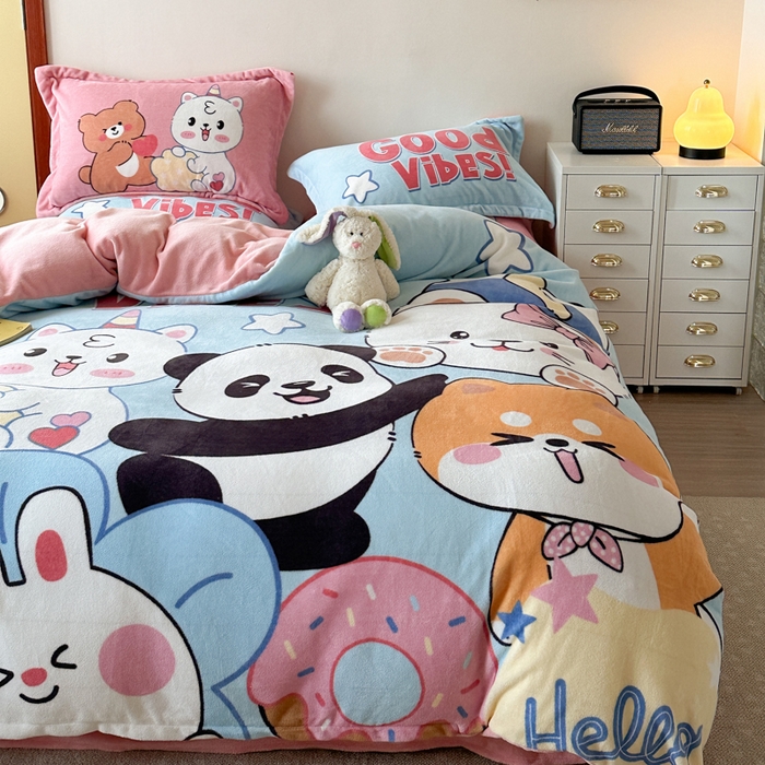 91家纺网 家纺一手货源 找家纺 赛丽雅 2025年新款秋冬卡通大版牛奶绒四件套 欢乐总动员