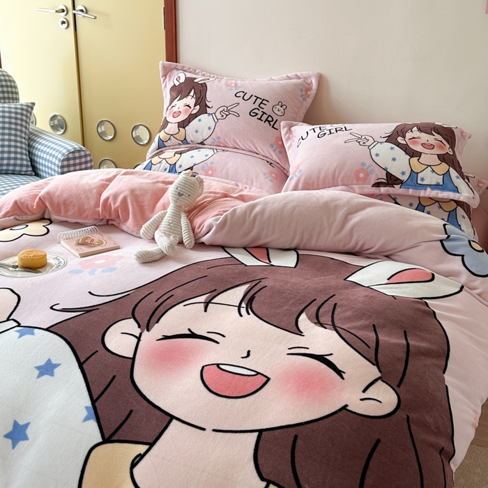 91家纺网 家纺一手货源 找家纺 赛丽雅 2025年新款秋冬卡通大版牛奶绒四件套 元气满满