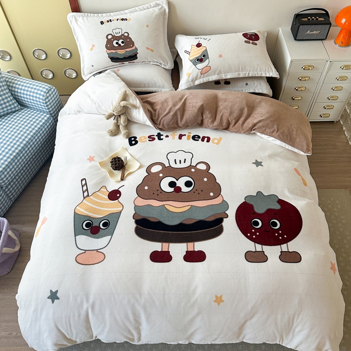 91家纺网 家纺一手货源 找家纺 赛丽雅 2025年新款秋冬卡通大版牛奶绒四件套 汉堡王