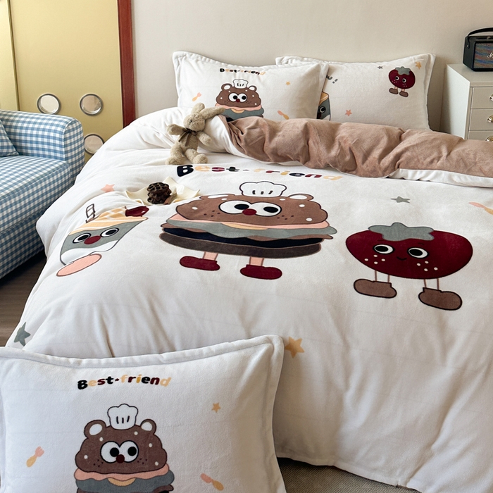 91家纺网 家纺一手货源 找家纺 赛丽雅 2025年新款秋冬卡通大版牛奶绒四件套 汉堡王