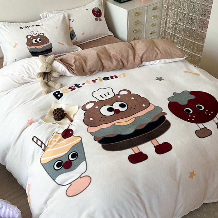 91家纺网 家纺一手货源 找家纺 赛丽雅 2025年新款秋冬卡通大版牛奶绒四件套 汉堡王