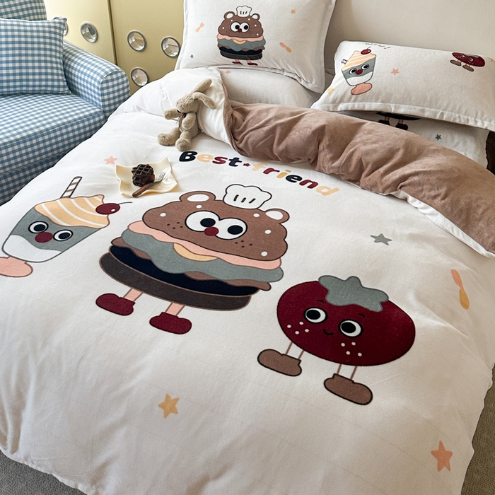 91家纺网 家纺一手货源 找家纺 赛丽雅 2025年新款秋冬卡通大版牛奶绒四件套 汉堡王