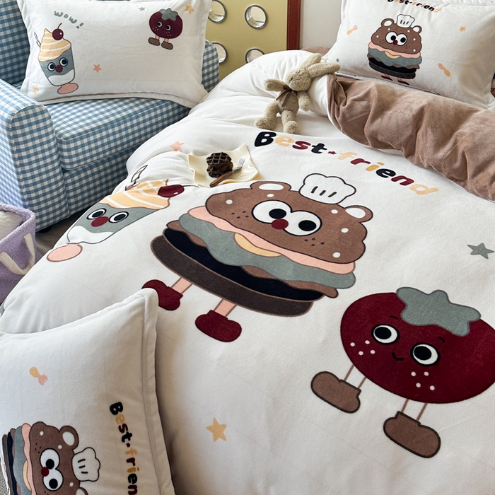 91家纺网 家纺一手货源 找家纺 赛丽雅 2025年新款秋冬卡通大版牛奶绒四件套 汉堡王