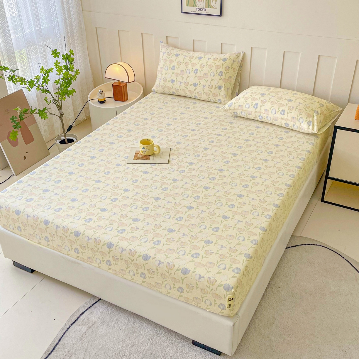 91家纺网 家纺一手货源 找家纺 棉乐町家居 2025新款木棉双层纱印花床笠 郁金香