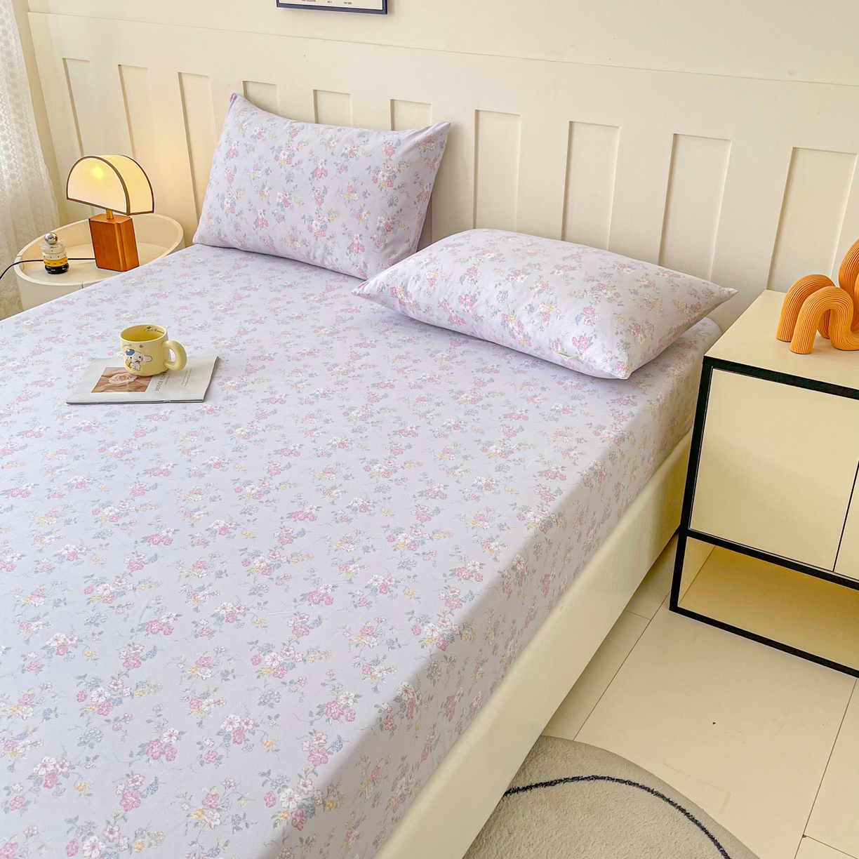 91家纺网 家纺一手货源 找家纺 棉乐町家居 2025新款木棉双层纱印花床笠 紫丁香