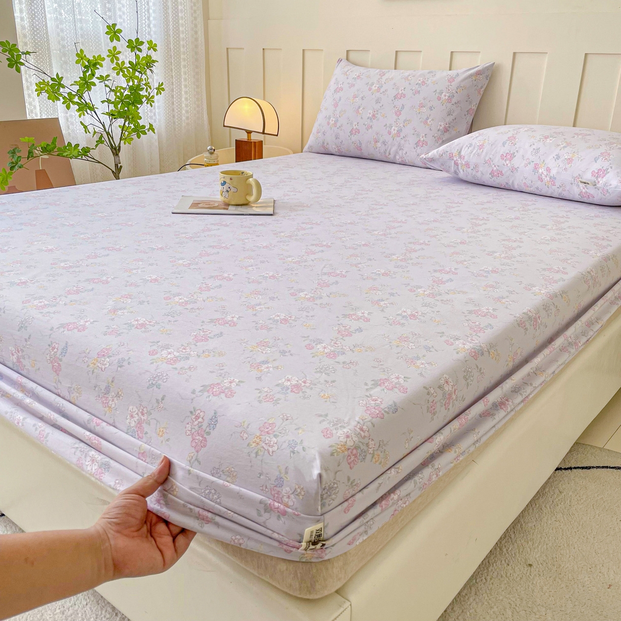 91家纺网 家纺一手货源 找家纺 棉乐町家居 2025新款木棉双层纱印花床笠 紫丁香