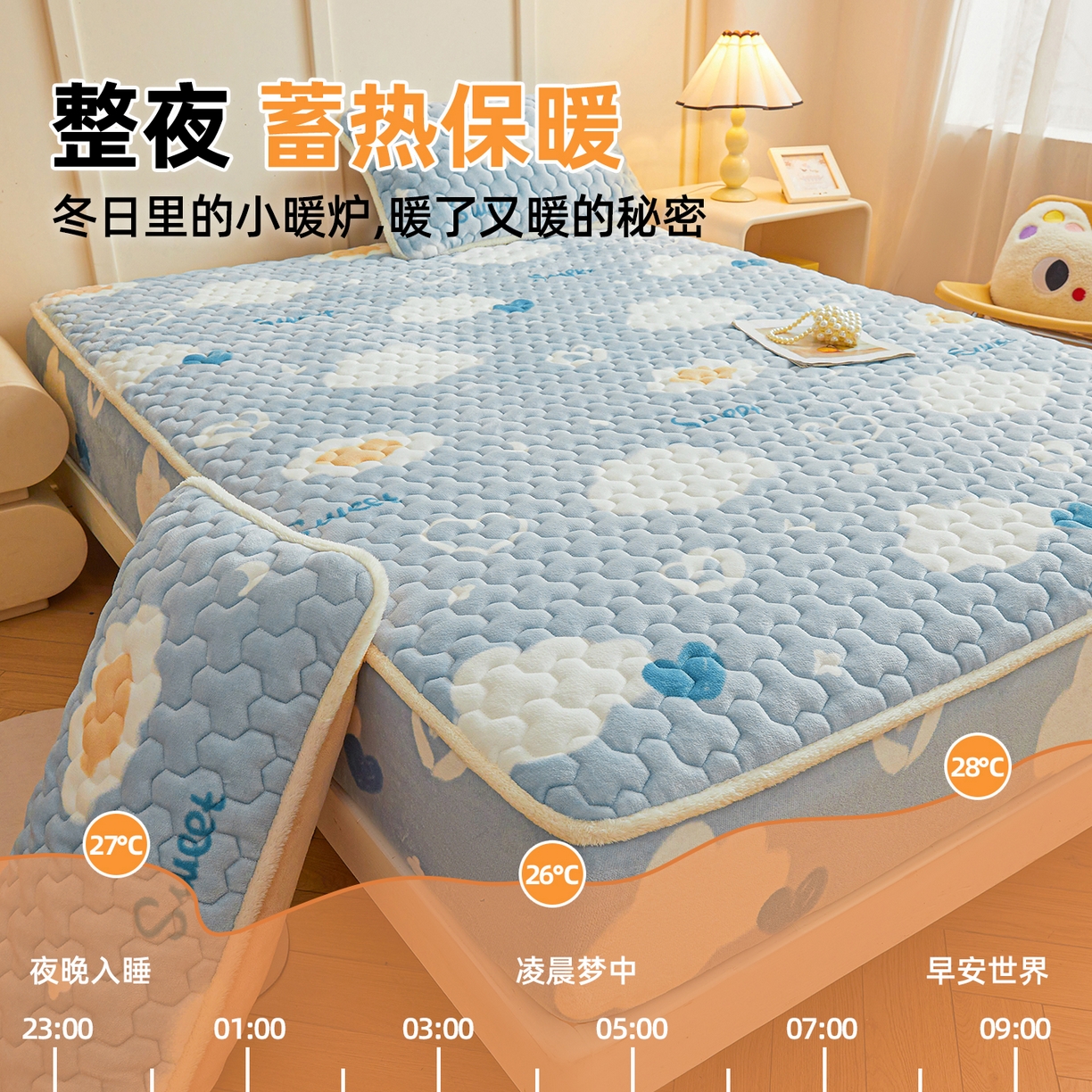 91家纺网 家纺一手货源 找家纺 雯豆家纺 2025新款牛奶绒夹棉床笠印花款床垫保护套秋冬保暖床罩 牛奶绒夹棉床笠-爱心云
