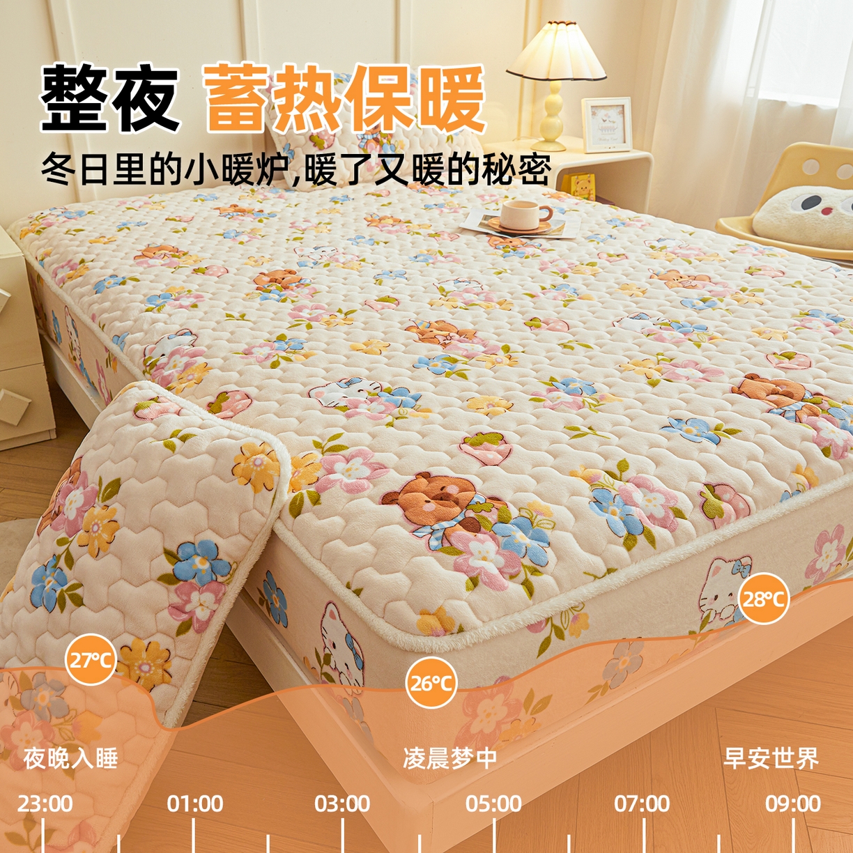 91家纺网 家纺一手货源 找家纺 雯豆家纺 2025新款牛奶绒夹棉床笠印花款床垫保护套秋冬保暖床罩 牛奶绒夹棉床笠-彩色萌宠