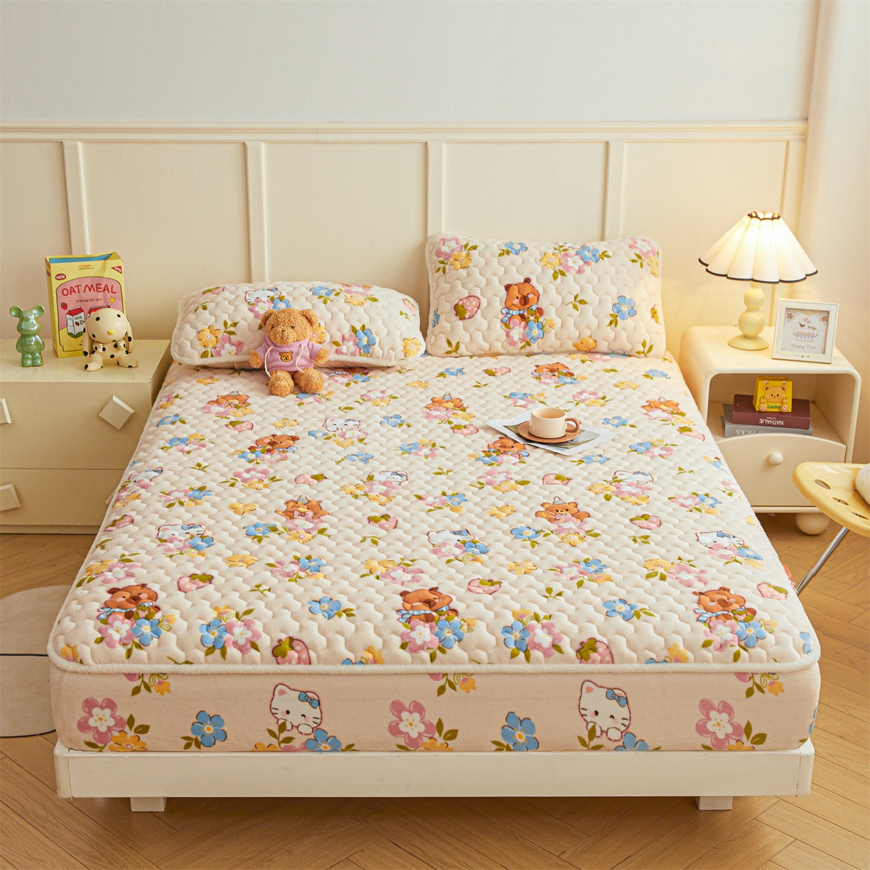 91家纺网 家纺一手货源 找家纺 雯豆家纺 2025新款牛奶绒夹棉床笠印花款床垫保护套秋冬保暖床罩 牛奶绒夹棉床笠-彩色萌宠