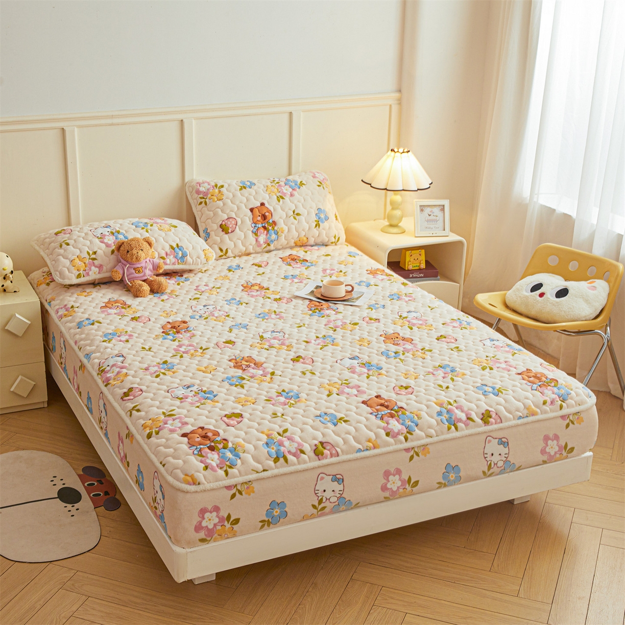 91家纺网 家纺一手货源 找家纺 雯豆家纺 2025新款牛奶绒夹棉床笠印花款床垫保护套秋冬保暖床罩 牛奶绒夹棉床笠-彩色萌宠