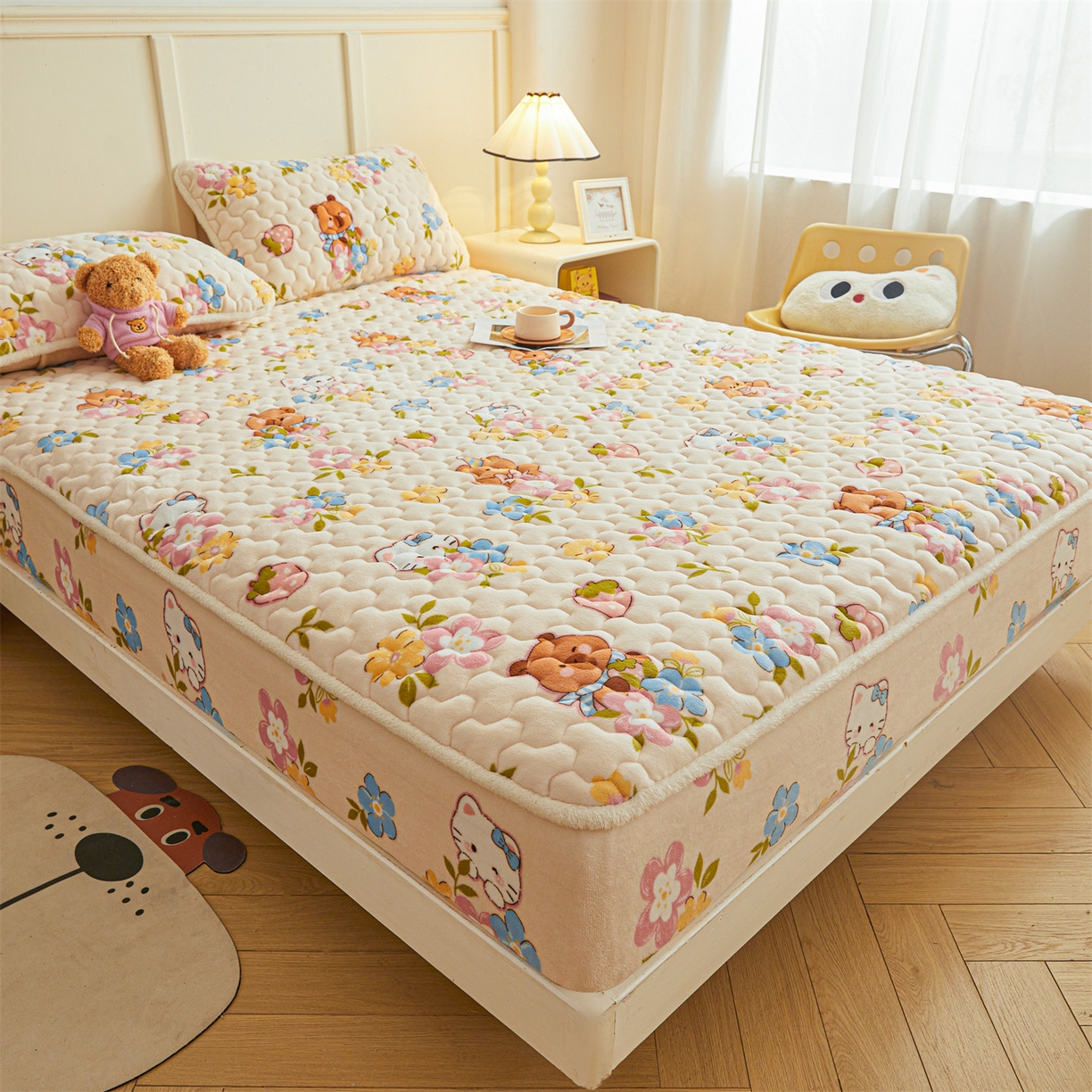 91家纺网 家纺一手货源 找家纺 雯豆家纺 2025新款牛奶绒夹棉床笠印花款床垫保护套秋冬保暖床罩 牛奶绒夹棉床笠-彩色萌宠