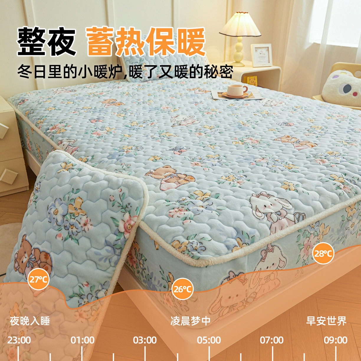 91家纺网 家纺一手货源 找家纺 雯豆家纺 2025新款牛奶绒夹棉床笠印花款床垫保护套秋冬保暖床罩 牛奶绒夹棉床笠-多彩生活