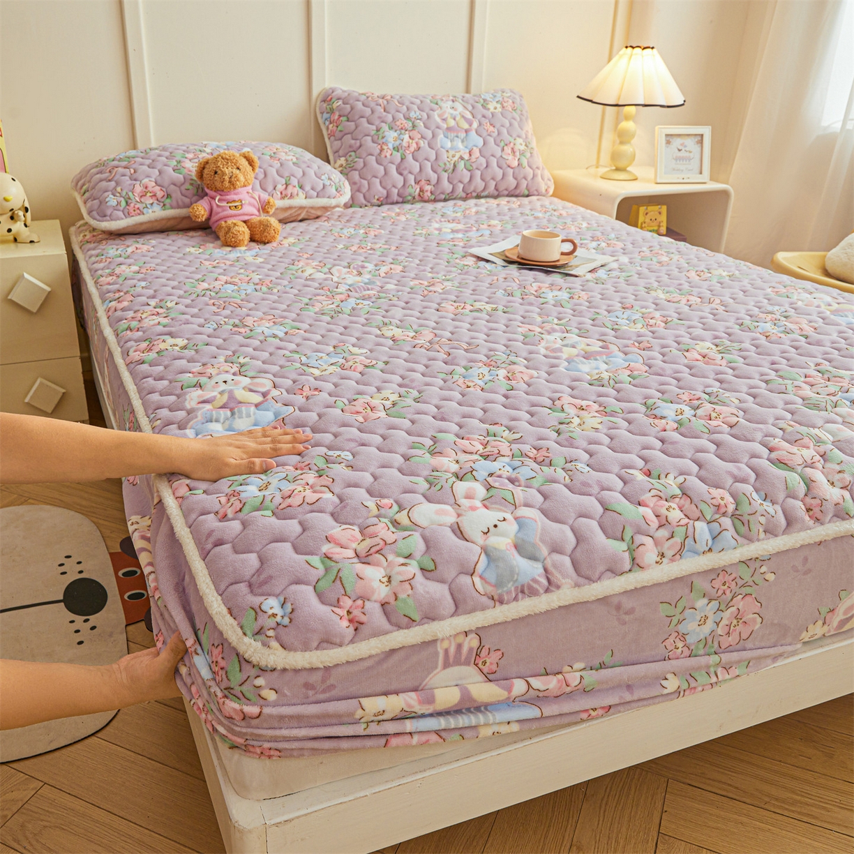 雯豆家纺 2025新款牛奶绒夹棉床笠印花款床垫保护套秋冬保暖床罩 牛奶绒夹棉床笠-花花仙子