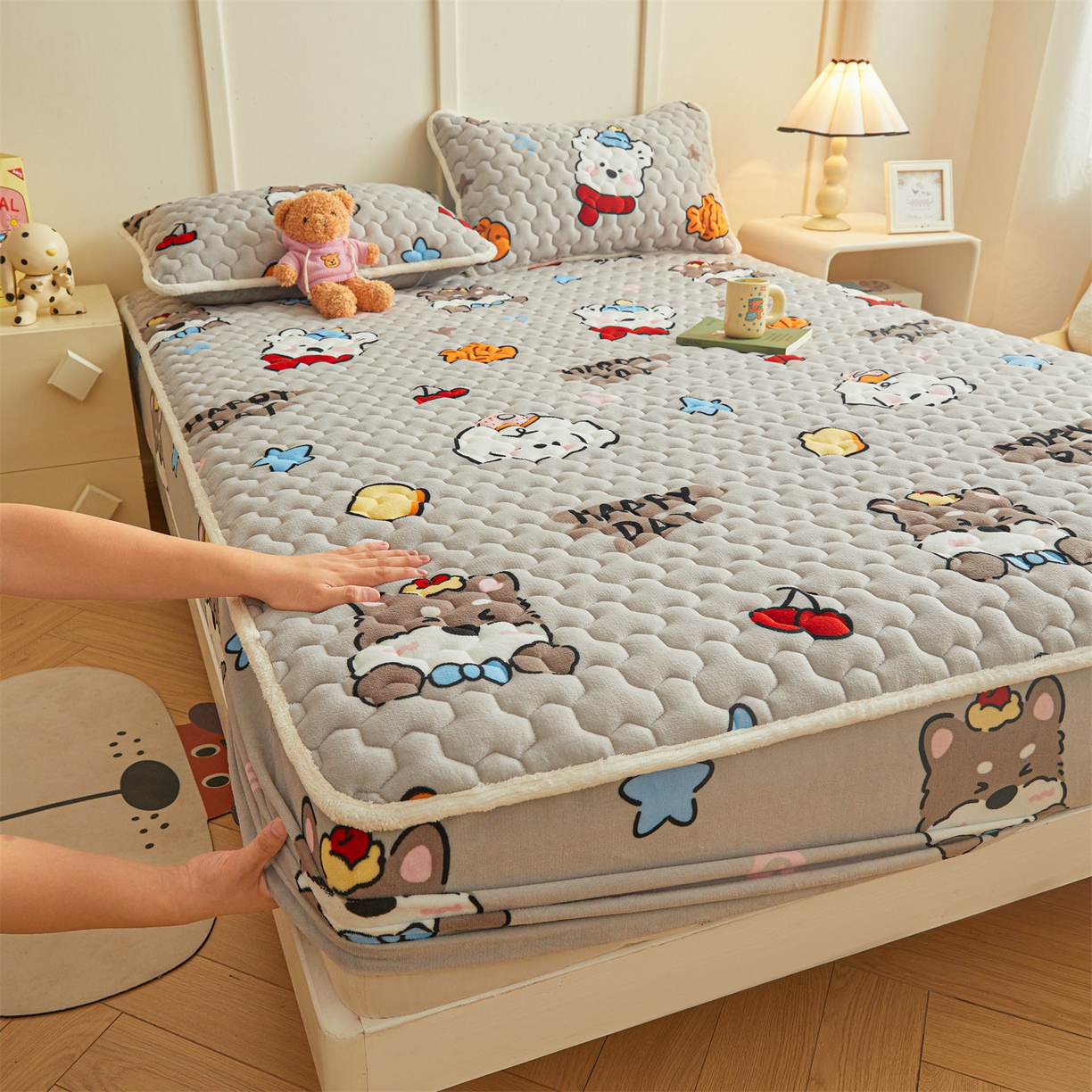 雯豆家纺 2025新款牛奶绒夹棉床笠印花款床垫保护套秋冬保暖床罩 牛奶绒夹棉床笠-假日小狗