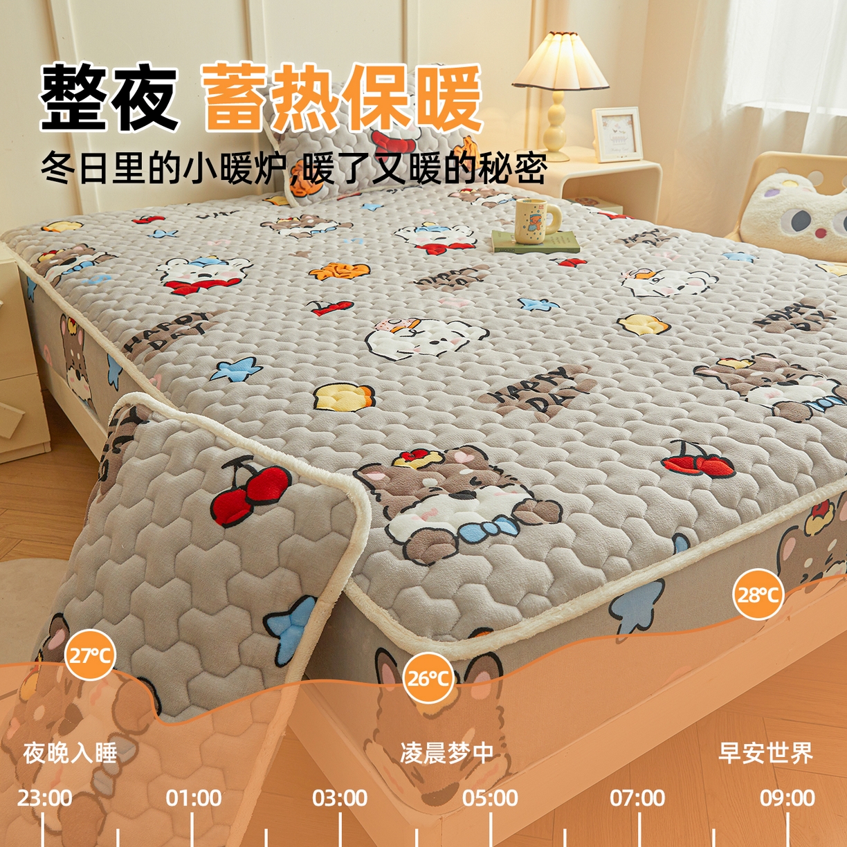 91家纺网 家纺一手货源 找家纺 雯豆家纺 2025新款牛奶绒夹棉床笠印花款床垫保护套秋冬保暖床罩 牛奶绒夹棉床笠-假日小狗