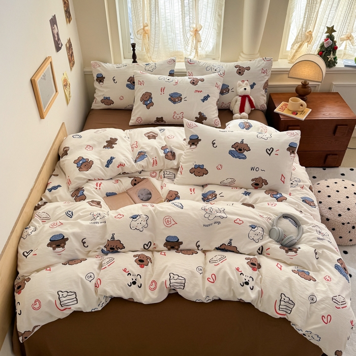 91家纺网 家纺一手货源 找家纺 （总）晚爱家纺2025新款ins风卡通小清新超柔裸睡水洗棉四件套学生宿舍三件套