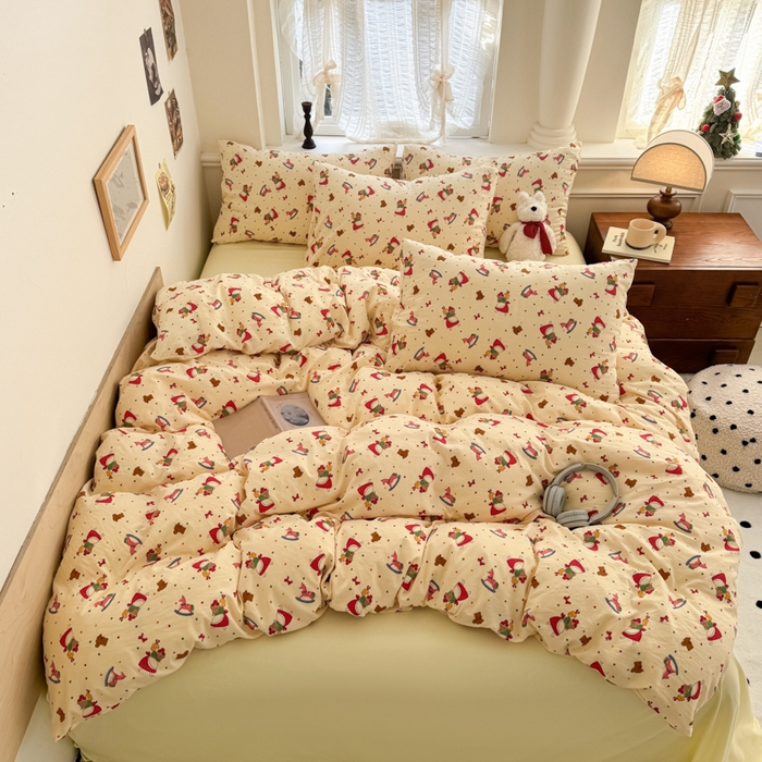 91家纺网 家纺一手货源 找家纺 （总）晚爱家纺2025新款ins风卡通小清新超柔裸睡水洗棉四件套学生宿舍三件套