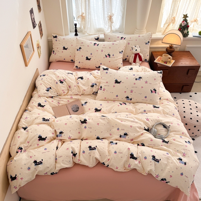 91家纺网 家纺一手货源 找家纺 （总）晚爱家纺2025新款ins风卡通小清新超柔裸睡水洗棉四件套学生宿舍三件套