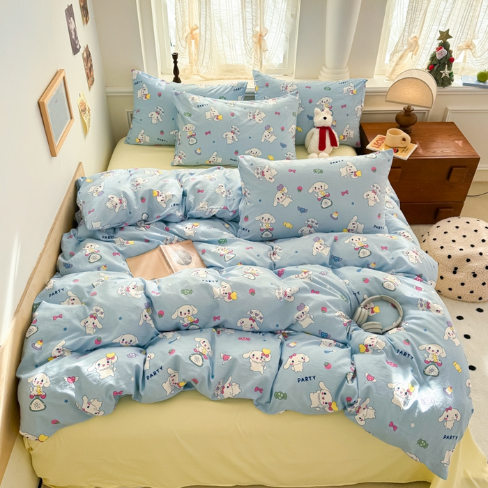 91家纺网 家纺一手货源 找家纺 （总）晚爱家纺2025新款ins风卡通小清新超柔裸睡水洗棉四件套学生宿舍三件套