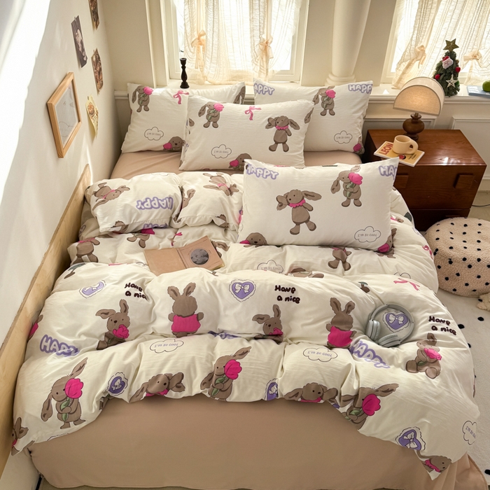 91家纺网 家纺一手货源 找家纺 （总）晚爱家纺2025新款ins风卡通小清新超柔裸睡水洗棉四件套学生宿舍三件套