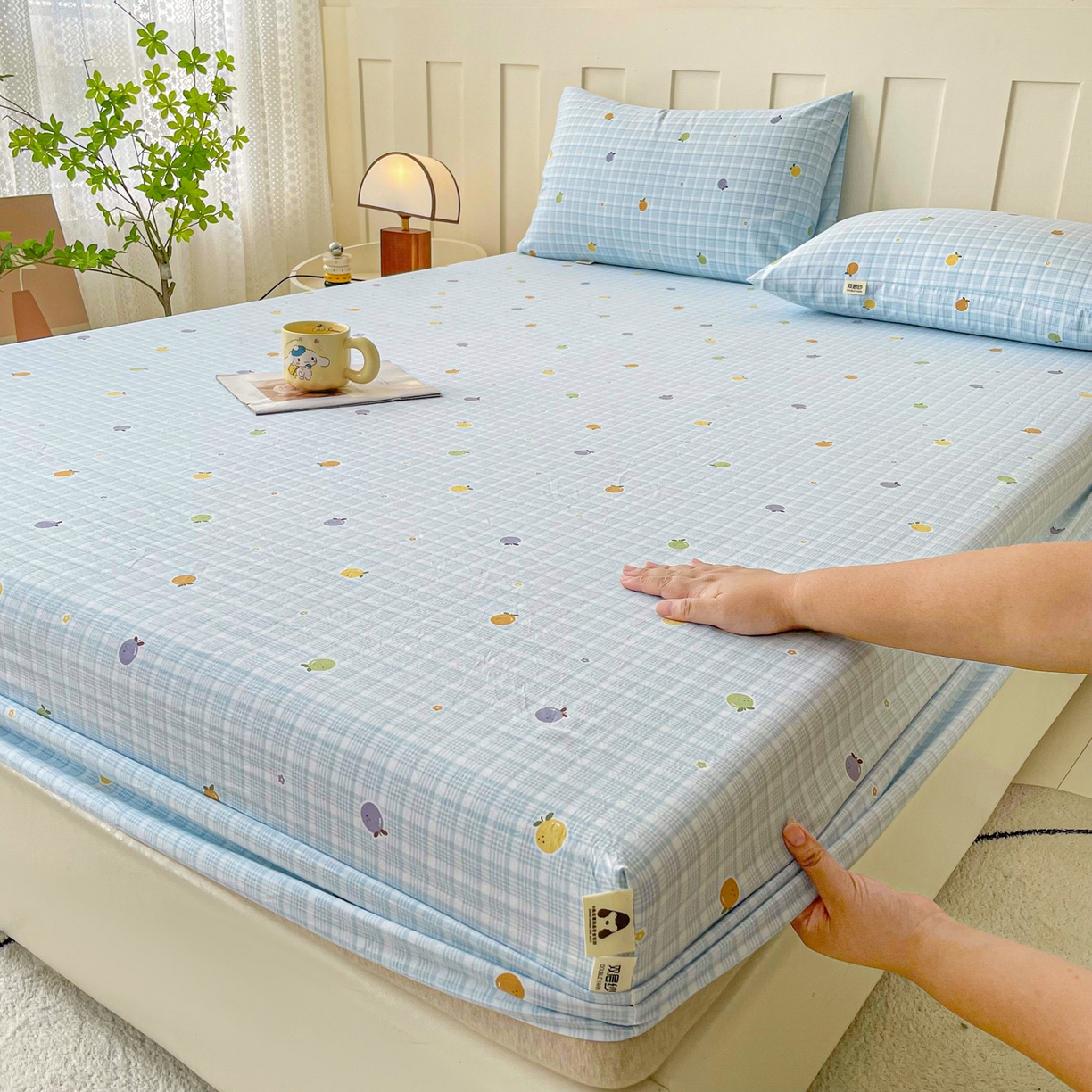 金泰莱 2025新款木棉双层纱印花床笠 格子橙-蓝