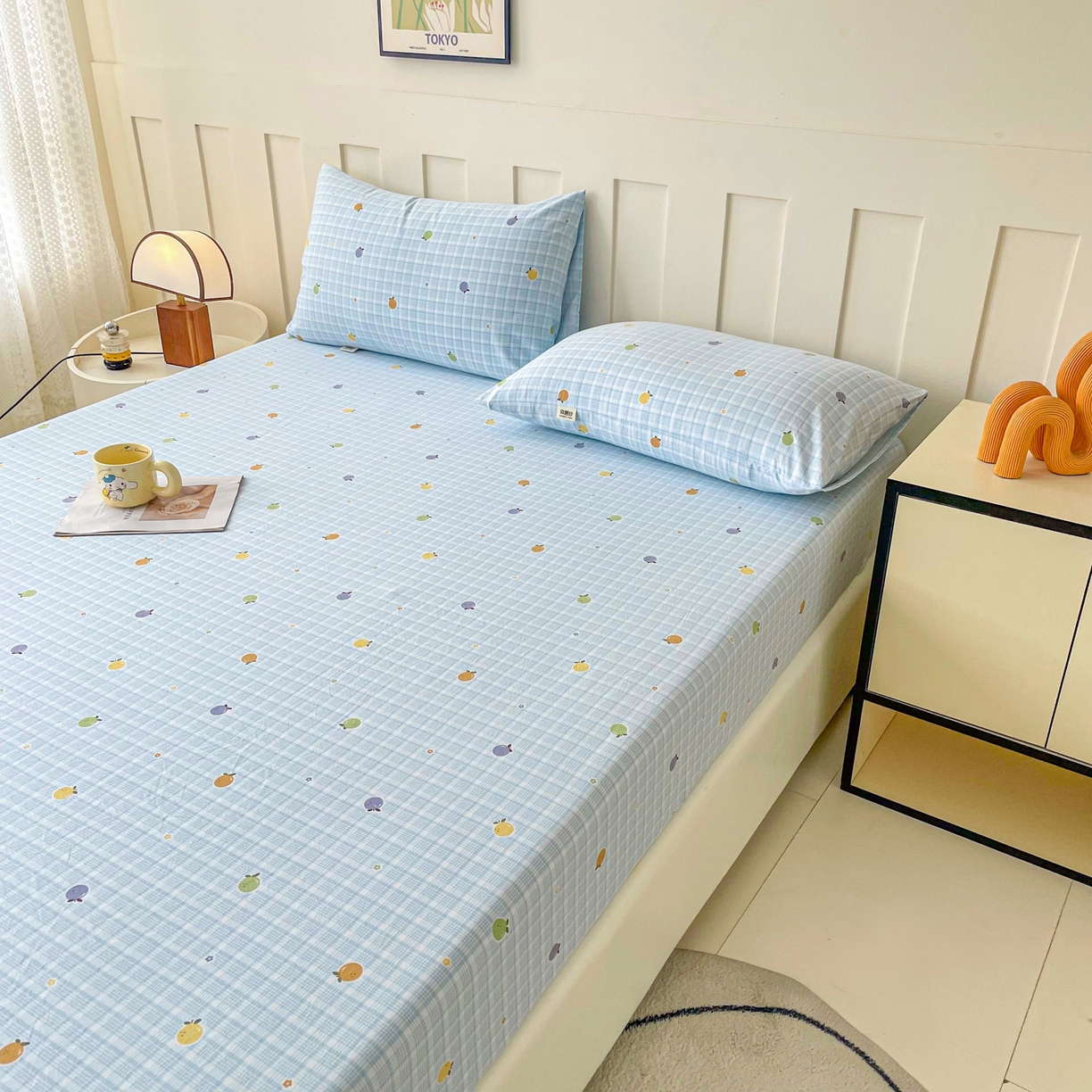 91家纺网 家纺一手货源 找家纺 金泰莱 2025新款木棉双层纱印花床笠 格子橙-蓝