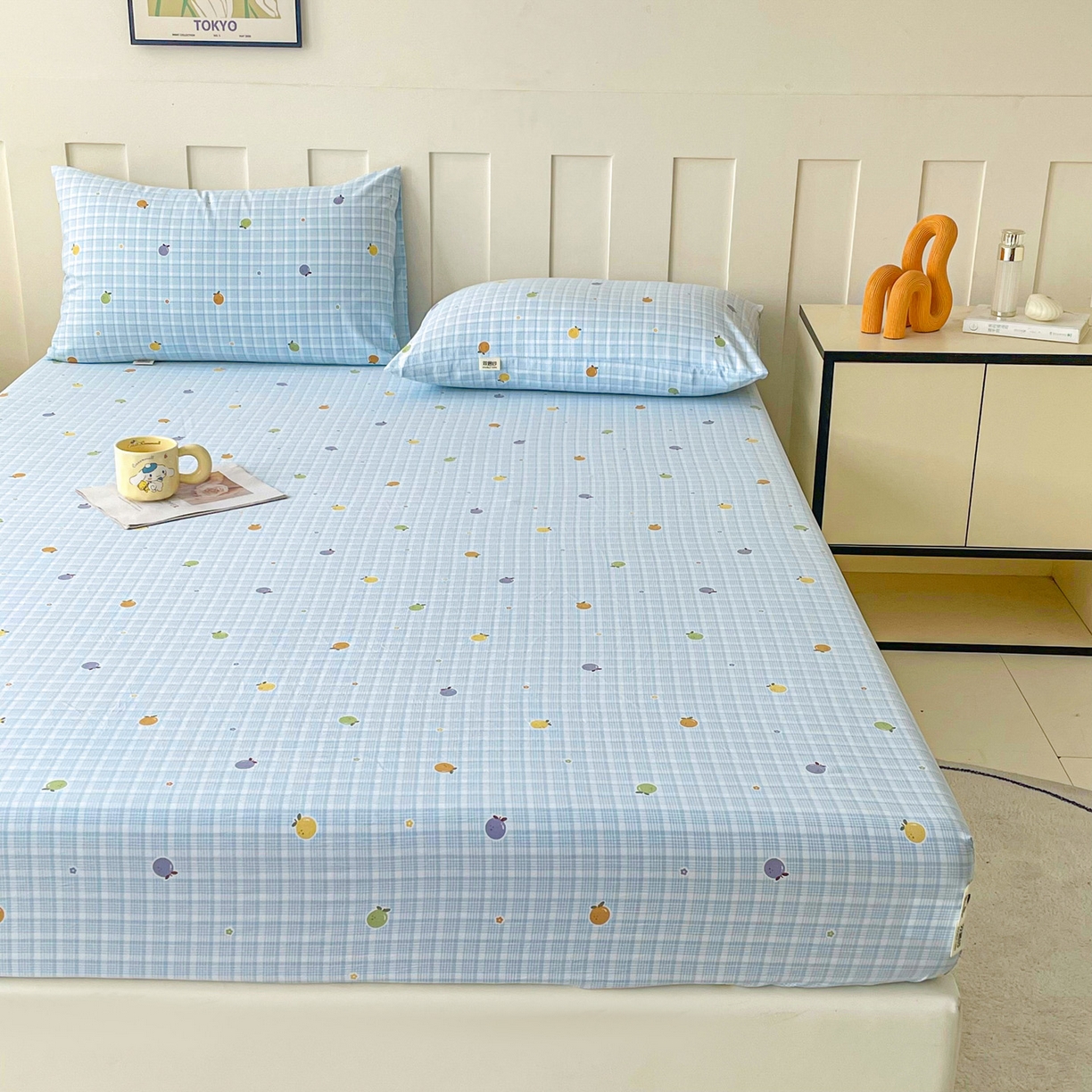 91家纺网 家纺一手货源 找家纺 金泰莱 2025新款木棉双层纱印花床笠 格子橙-蓝