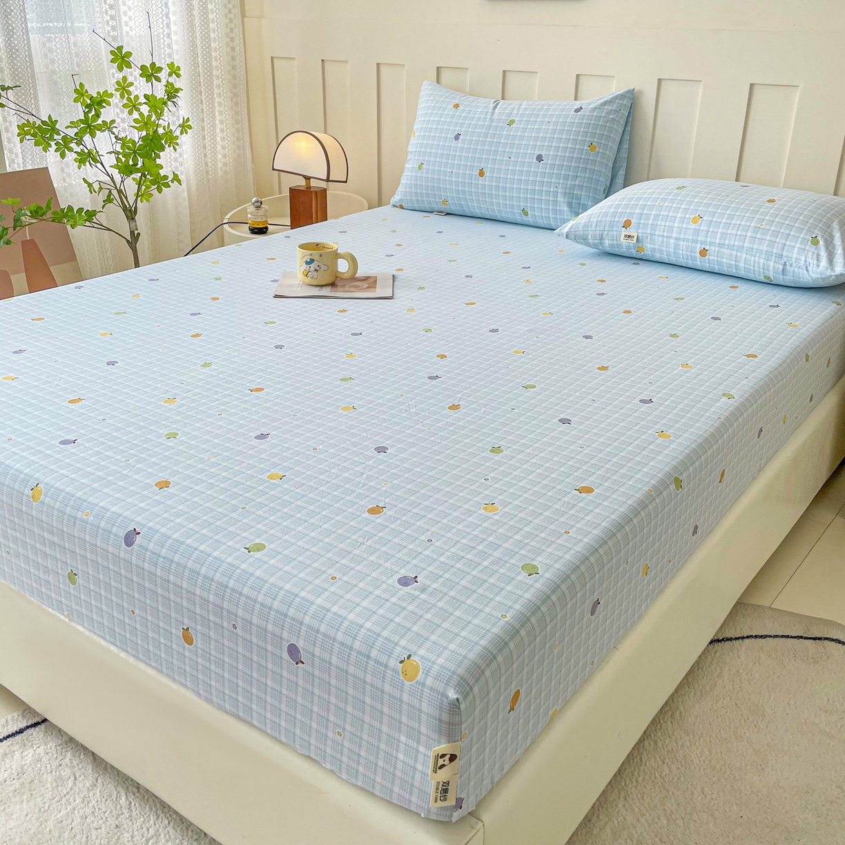 91家纺网 家纺一手货源 找家纺 金泰莱 2025新款木棉双层纱印花床笠 格子橙-蓝