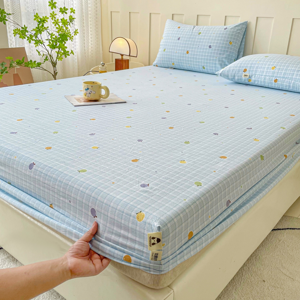 91家纺网 家纺一手货源 找家纺 金泰莱 2025新款木棉双层纱印花床笠 格子橙-蓝