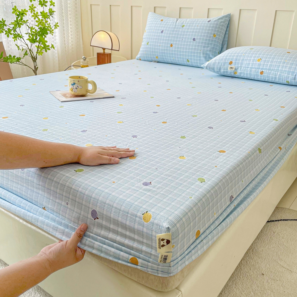 91家纺网 家纺一手货源 找家纺 金泰莱 2025新款木棉双层纱印花床笠 格子橙-蓝