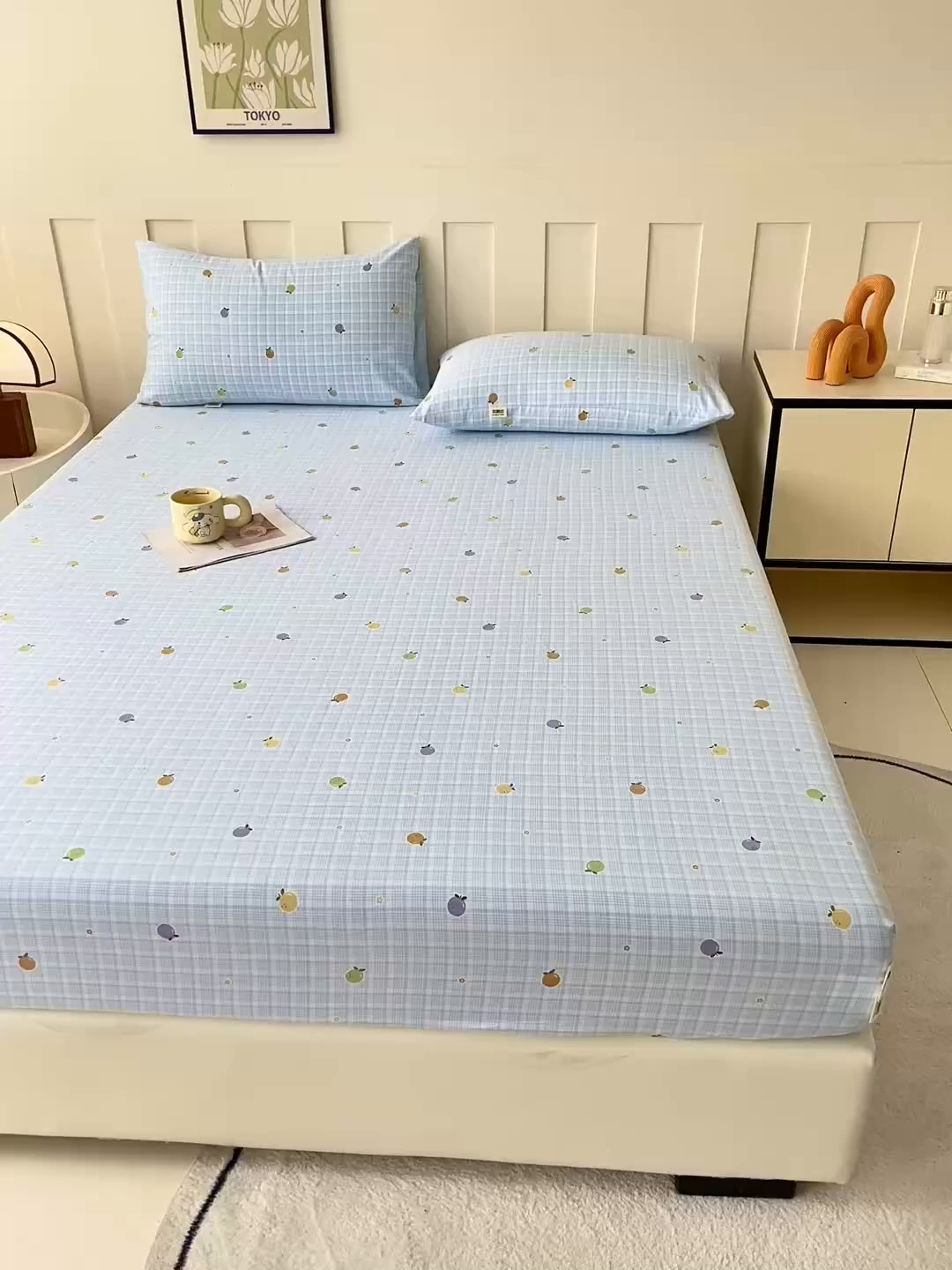 91家纺网 家纺一手货源 找家纺 金泰莱 2025新款木棉双层纱印花床笠 格子橙-蓝