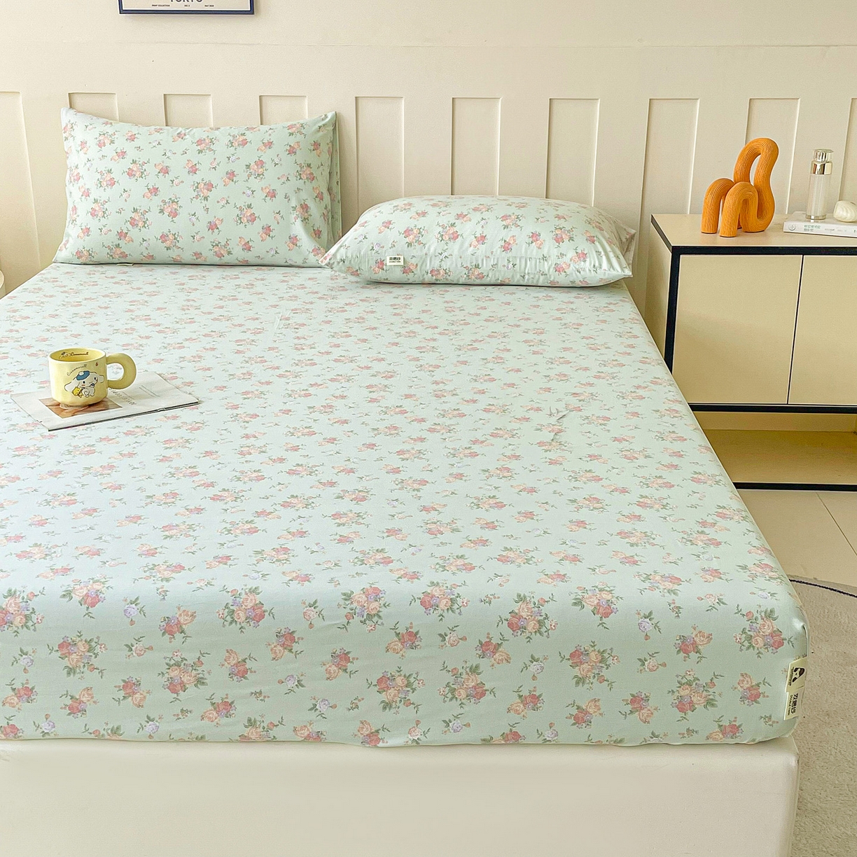 91家纺网 家纺一手货源 找家纺 金泰莱 2025新款木棉双层纱印花床笠 花开半夏