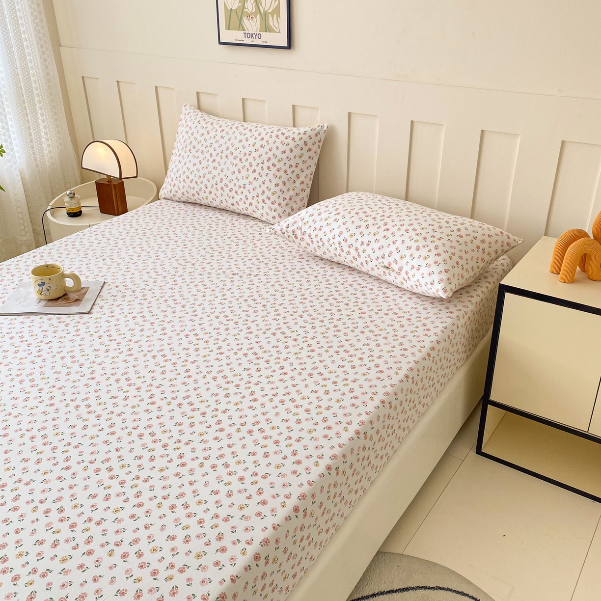 91家纺网 家纺一手货源 找家纺 金泰莱 2025新款木棉双层纱印花床笠 花梦里